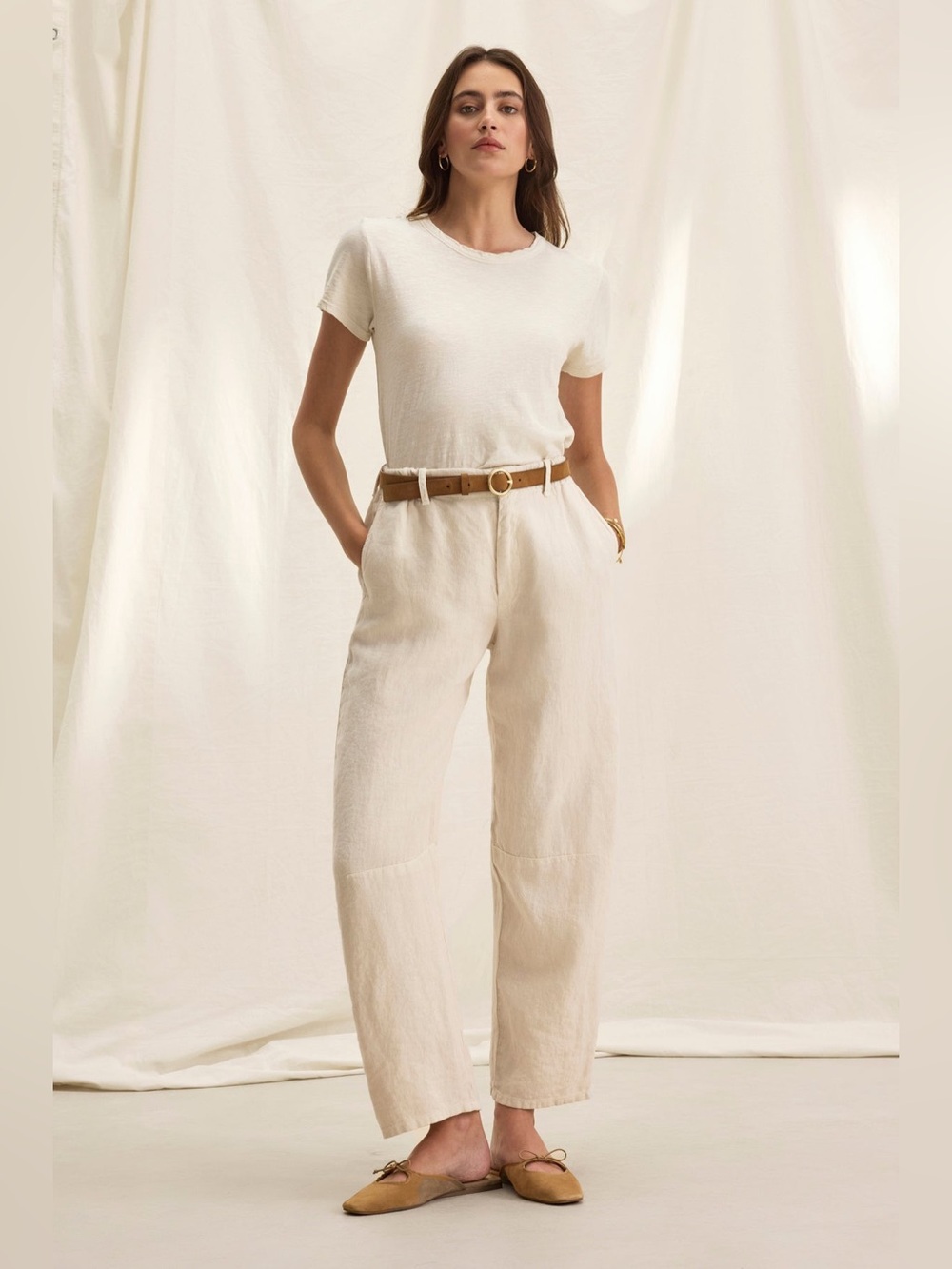 Velvet by Graham & Spencer Cream Wide-Leg Linen-Blend Pants with Belt